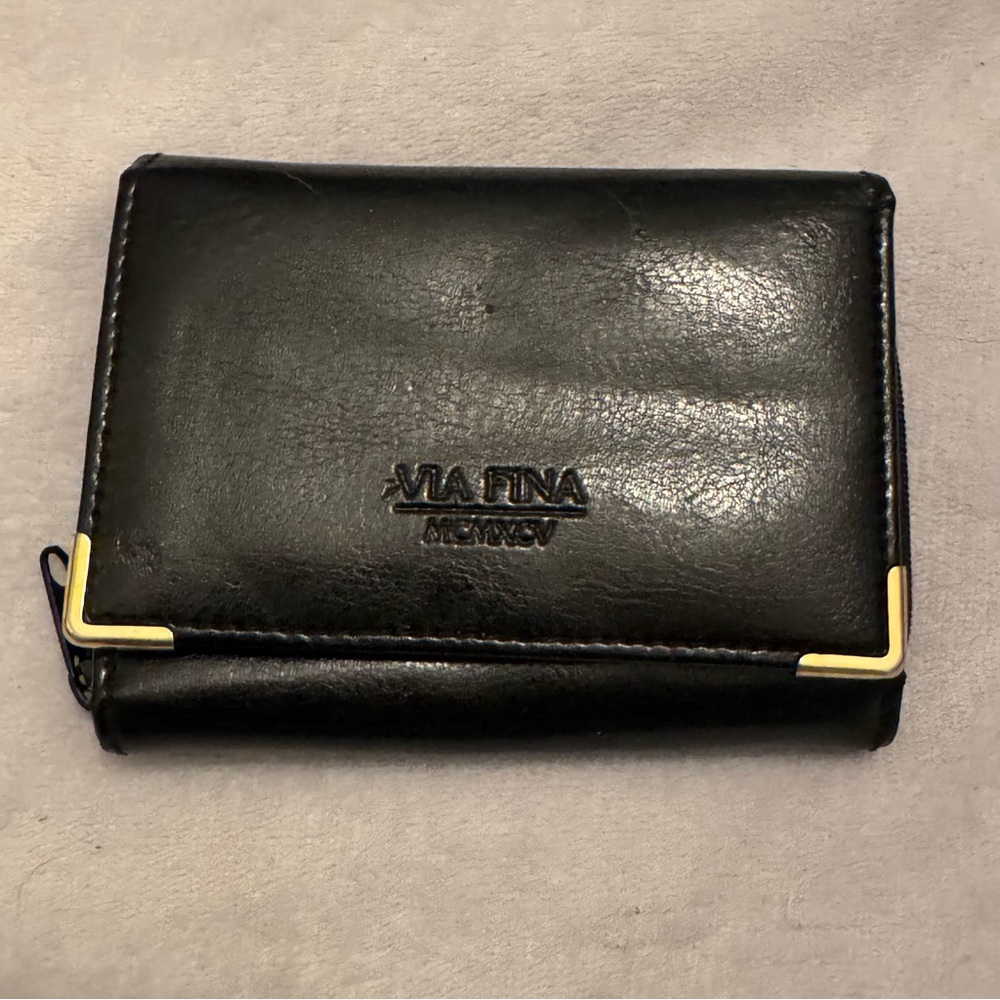 Via Fina Black Leather Tri-Fold Wallet Gold Corners ID‎ Window MCMXCV